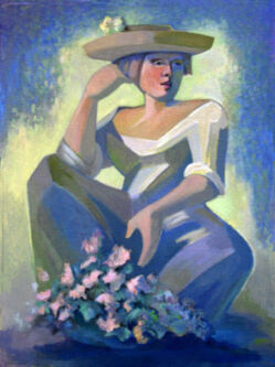 Painting of lady in garden hat.