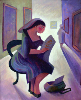 Painting of a girl drawing at an art gallery.