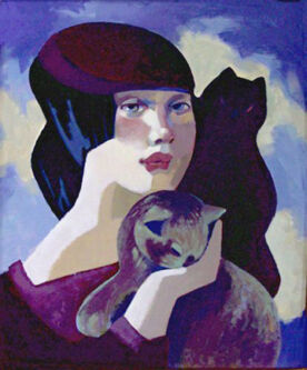 Painting of imarginary lady with two cats.