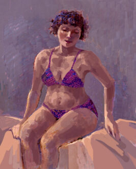 Painting of girl in bikini alone in a room.