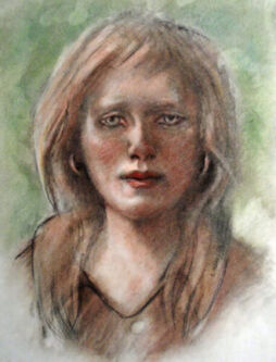 Pastel drawing of girl with strawberry-blonde hair.