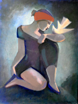 Painting of girl with white bird.