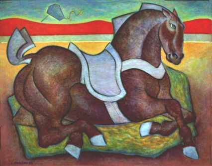 Painting of imaginary horse sitting on the ground.
