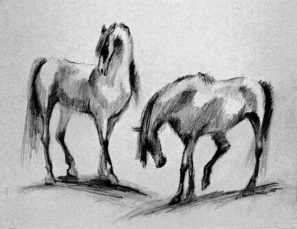 Charcoal drawing of two horses greeting.
