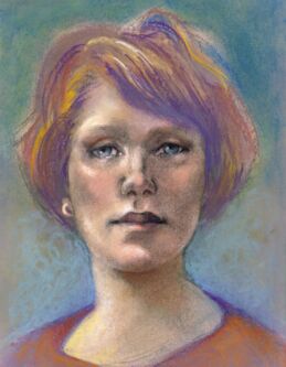 Pastel portrait of imaginary lady with red hair.