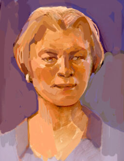 Painting of lady in purple dress.