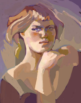 Painting of imaginary girl wearing a purple robe.