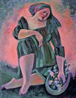 Painting of a woman with a basket of flowers.