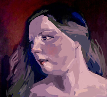 Portrait painting of woman looking away in profile.