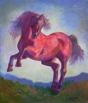 Painting of wild pony running in landscape.