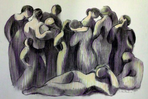 Charcoal drawing of imaginary people gathered together.