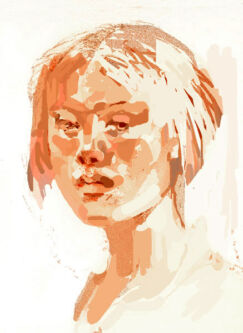 Painting of blonde girl in bright sun light.