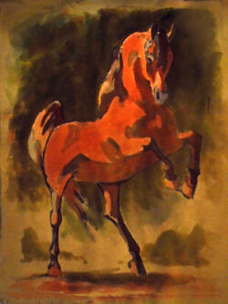 Watercolor of a red rearing frightened horse.